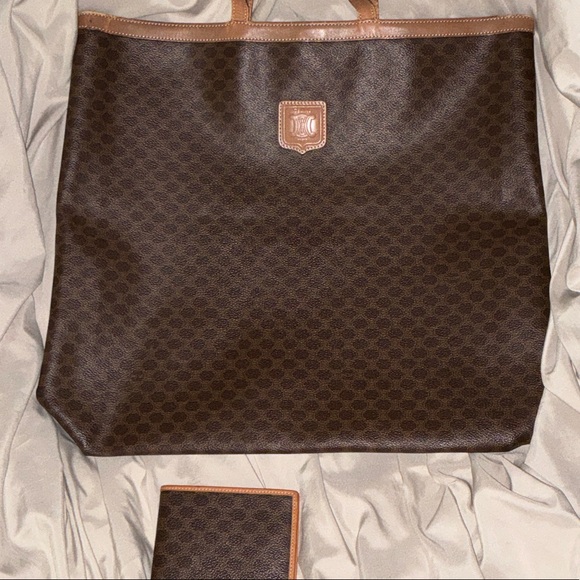 Celine Handbags - Celine Brown Monogram Canvas Tote with Tan Trim